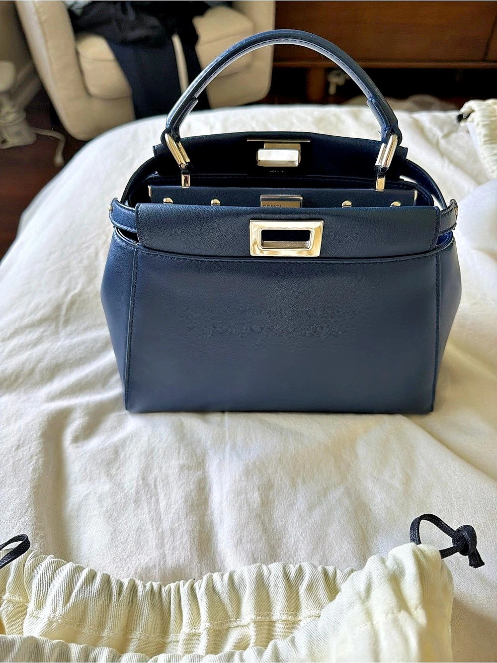 Fendi Peekaboo Iconic Essentially / Regular Satchel Structured Blue Shoulder Bag